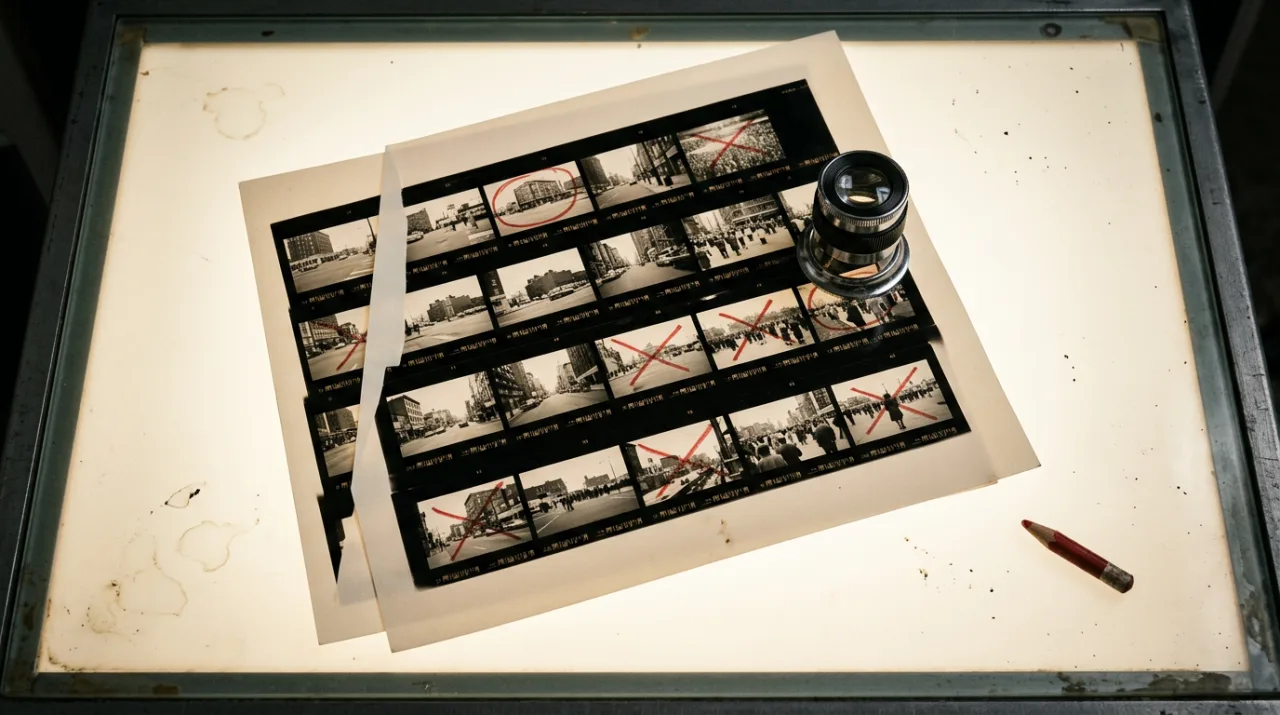 A black and white contact sheet on a light table, some frames crossed out in red grease pencil, with a loupe and a red pencil.